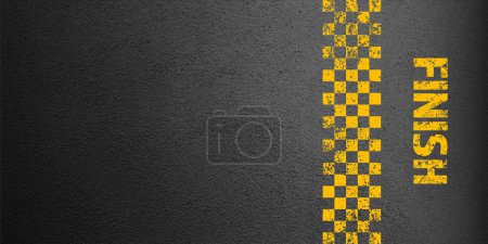 Illustration for Asphalt road with yellow finish line marking, concrete highway surface, texture. Street traffic lane, road dividing strip. Pattern with grainy structure, grunge stone background. Vector illustration. - Royalty Free Image