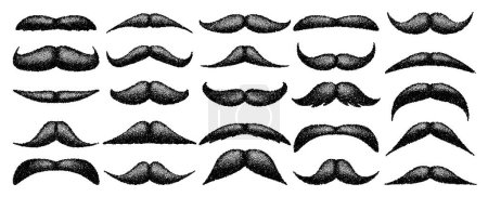 Moustache vintage épilée. Cheveux bouclés. Barbe d'hipster. Stippling, point dessin et ombrage, motif stipple, effet demi-ton. Illustration vectorielle.