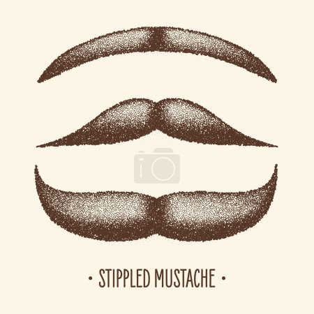 Moustache vintage marron à pointes. Cheveux bouclés. Barbe d'hipster. Stippling, point dessin et ombrage, motif stipple, effet demi-ton. Illustration vectorielle.