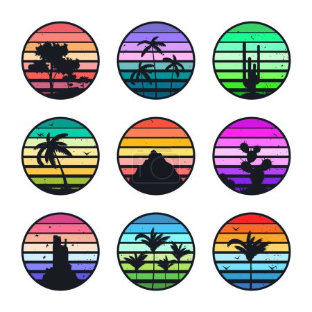 Grunge vintage sunset collection. Colorful striped sunrise badges in 80s and 90s style. Sun and ocean view, summer vibes, surfing. Design element for print, logo or t-shirt. Vector illustration.