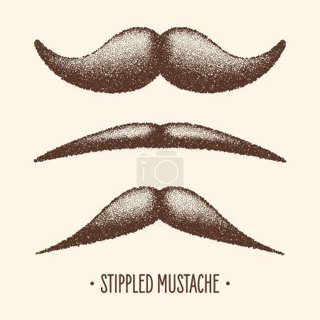 Brown stippled vintage mustache. Curly facial hair. Hipster beard. Stippling, dot drawing and shading, stipple pattern, halftone effect. Vector illustration.
