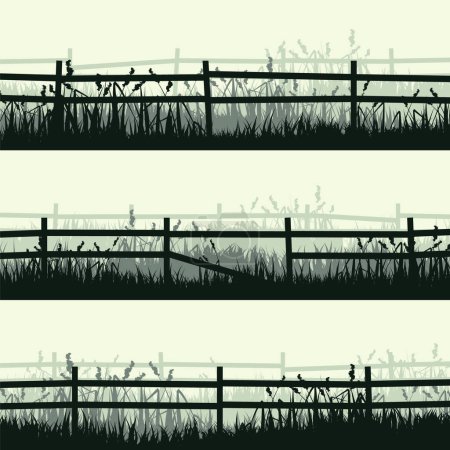 Téléchargez les photos : Silhouettes de prairie avec herbe et vieille clôture en bois. Campagne, pelouse panoramique d'été paysage rural avec des herbes, des mauvaises herbes. Bordure à base de plantes, élément cadre. Bannières horizontales vertes. Illustration vectorielle. - en image libre de droit