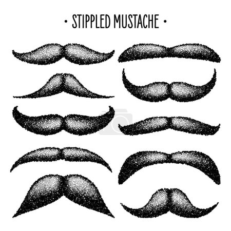 Moustache vintage épilée. Cheveux bouclés. Barbe d'hipster. Stippling, point dessin et ombrage, motif stipple, effet demi-ton. Illustration vectorielle.