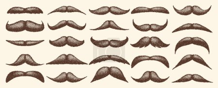 Moustache vintage marron à pointes. Cheveux bouclés. Barbe d'hipster. Stippling, point dessin et ombrage, motif stipple, effet demi-ton. Illustration vectorielle.