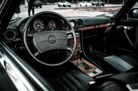 Photo for Woodland Hills, USA - January 29, 2023: Mercedes-Benz SL roadster R107-generation dashboard on display during Supercar Sunday car event.vent. - Royalty Free Image