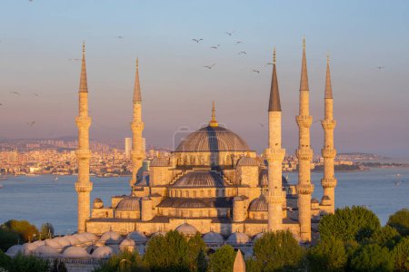 Photo for Blue Mosque (Sultanahmet Camii), Bosporus and asian side skyline, Istanbul, Turkey - Royalty Free Image