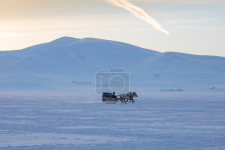 Foto de Caballos tirando del trineo en invierno - Lago Cildir, Kars - Imagen libre de derechos
