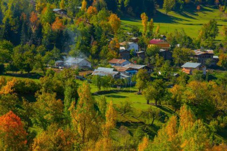 Téléchargez les photos : Paysage d'automne et feuilles jaunes. Maisons traditionnelles dans le village Ilca dans le parc national des montagnes Kre, Kastamonu, Turquie - en image libre de droit