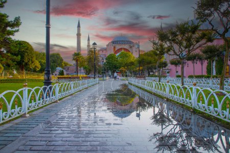 Hagia Sophia is an ancient religion landmark of Istanbul on sunset. Panoramic view on Turkish Mosque with foth minarets. Ayasofya was the greatest Christian temple of Byzantium Empire.