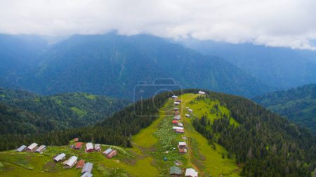 POKUT PLATEAU aerial view with foggy weather. This plateau located in Camlihemsin district of Rize province. Kackar Mountains region. Rize, Turkey. Drone shot.