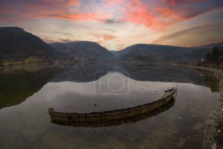 Photo for Cubuk Lake in Goynuk District of Bolu, Turkey. Beautiful lake view with windmills. - Royalty Free Image