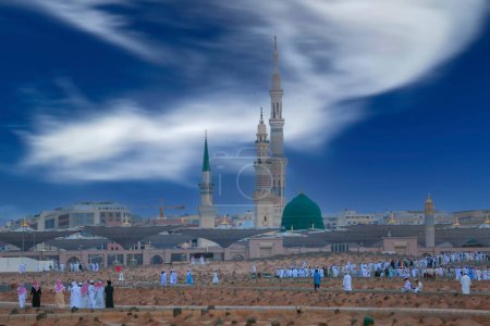 Photo for This Holy masjid located in the city of Madinah in Saudi Arabia. It is the one of the largest mosque in the world It is the second holiest site in Islam after Mak - Royalty Free Image