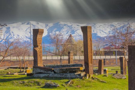 Photo for Ancient tombstones in the historical cemetery of Selcuk Turks from 12th century, in the town of Ahlat, Turkey - Royalty Free Image