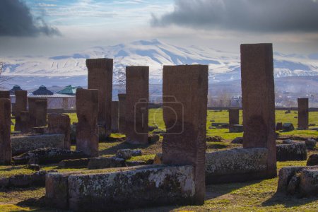Photo for Ancient tombstones in the historical cemetery of Selcuk Turks from 12th century, in the town of Ahlat, Turkey - Royalty Free Image