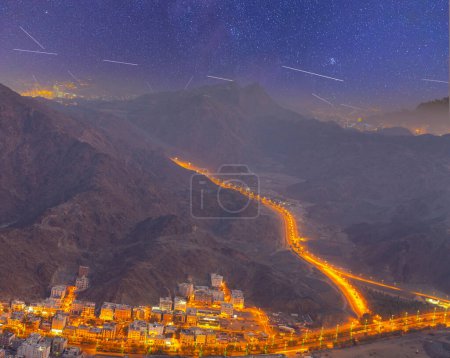 Photo for Makkah City view from Hira Cave. Night scene before sunrise. - Royalty Free Image