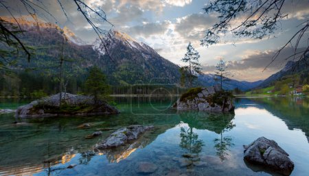 Beautiful autumn scene of Hintersee lake. Colorful morning view of Bavarian Alps on the Austrian border, Germany, Europe. Beauty of nature concept background.