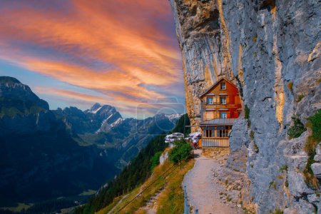 The famous mountain lodge in the middle of the hiking trail, Aescher Wildkichi.
