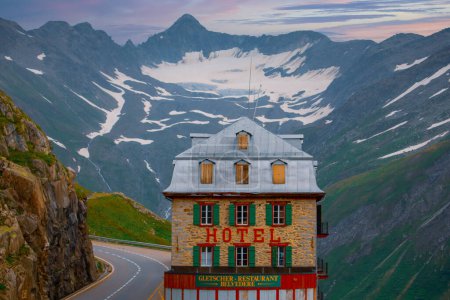 Photo for Iconic Belvedere hotel on Furkpass mountain road in Swiss Alps close to Obergoms - Royalty Free Image