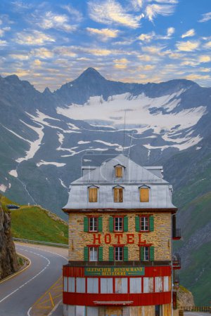 Iconic Belvedere hotel on Furkpass mountain road in Swiss Alps close to Obergoms
