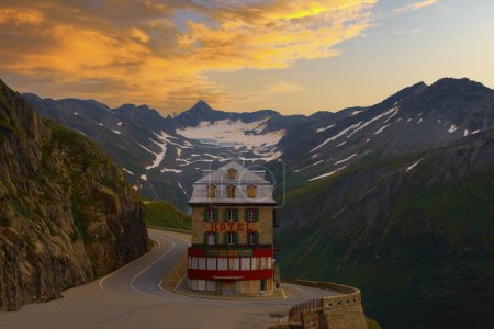 Iconic Belvedere hotel on Furkpass mountain road in Swiss Alps close to Obergoms