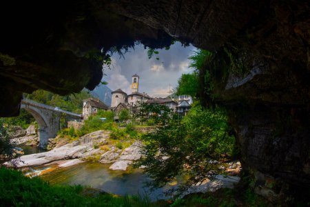 Traditional stone houses and a Church in the picturesque Lavertezzo village, Ticino, Switzerland. Lavertezzo is a popular travel destination in Verzasca valley in the swiss Alps mountains.