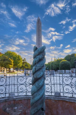 Obelisk of Theodosius on the former Roman Hippodrome, Istanbul, Turkey. Hippodrome of Constantinople city in summer. It is the Sultanahmet square in Istanbul today. Cityscape of Istanbul with