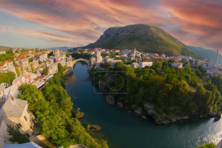 Stari Most bridge at twilight in old town of Mostar, Bosnia and Herzegovina. Mostar cityscape at summer