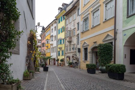 Bolzano, Italy - November 1, 2022: Street view in Bolzano old town, Autonomous Province of Bolzano, Trentino South Tyrol, northern Italy