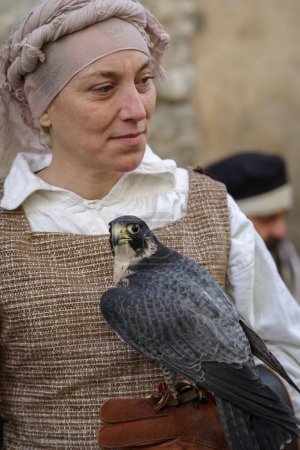 Téléchargez les photos : Taggia, Italie - 25 février 2024 : Exposition de fauconnerie au festival médiéval avec divers oiseaux de proie dans la ville historique de Taggia en Ligurie - en image libre de droit