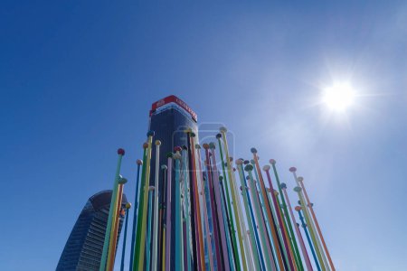 Téléchargez les photos : Milan, Italy - April 2, 2024: Skyscrapers with "Coloris" artwork by Pascale Marthine Tayou, in the residential, commercial and business district of CityLife in Milan - en image libre de droit
