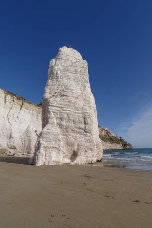 Pizzomunno acantilado de piedra caliza en la playa de Vieste, Gargano, provincia de Foggia, Apulia, Italia