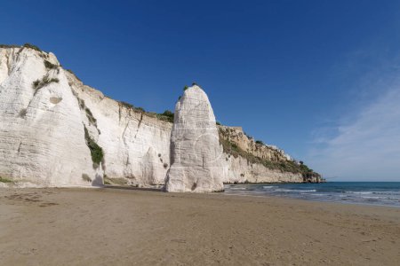 Pizzomunno limestone cliff on the beach of Vieste, Gargano, Foggia Province, Apulia, Italy