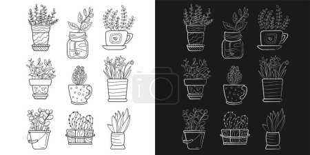Téléchargez les illustrations : Ensemble de plantes d'intérieur, fleurs en pot, fleurs noires et blanches, fleurs en tableau, cactus - en licence libre de droit