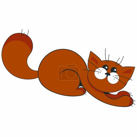 Divertido gato de jengibre doblado hacia fuera, patas hacia fuera en frente, con una cola esponjosa, estilo plano