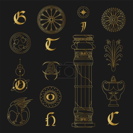 Illustration for Tattoo art gothic symbols stickers Y2k. Column, stained glass, sculpture, vase, gothic letters and other elements in a trendy psychedelic style. Vector hand-drawn tattoo print. Black and gold colors. - Royalty Free Image