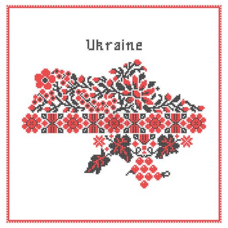 Karte der Ukraine in den traditionellen Farben des Stickmusters - rot und schwarz. Unterstützung der Ukraine. Politisches oder geografisches Gestaltungselement. Vektorillustration.