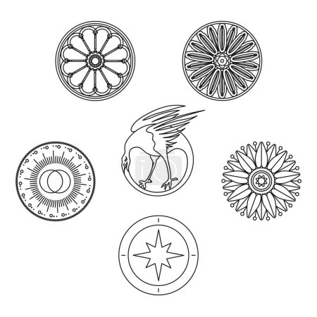 Illustration for Black outline of round stained glass elements in gothic style, set of 6 stained glass windows in the shape of flowers, compass and eagle. Gothic concept. - Royalty Free Image