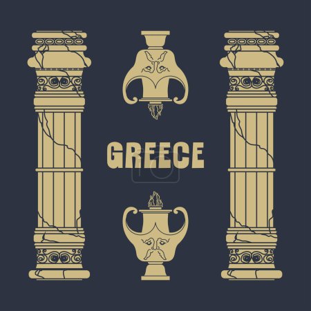 Vektor-Rahmen von Figuren der griechischen Antike mit Riss und Krug mit goldenem Gesicht auf blauem Hintergrund. Griechisches Konzept.
