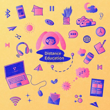 Illustration for Set of vector objects related to distance learning in risograph print style. Distance learning. Girl with ears studying remotely. Risograph concept. - Royalty Free Image