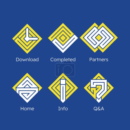 Illustration for Set of 6 diamond-shaped anagram icons for website. Questions and Answers. Homepage. Uploading and saving. Info. Icons for business. Yellow and blue. - Royalty Free Image