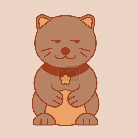 Illustration for Illustration of a well-fed cat. Japanese style cat in warm colors. Logo with cat. Vector illustration for menus, posters, social networks. - Royalty Free Image
