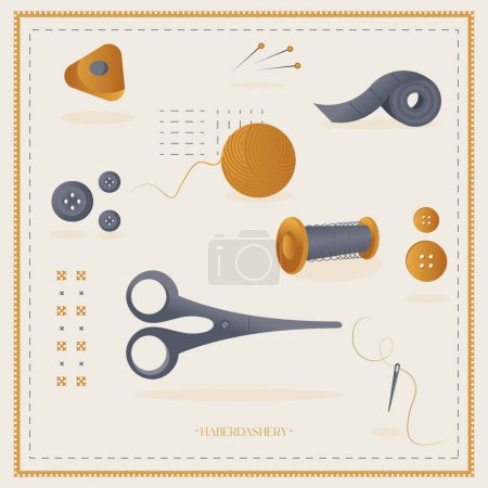 Illustration for A set of themed items from Gallantry. Flat haberdashery. Thread with needles, scissors, pins, stitches, thread, ball of thread. - Royalty Free Image