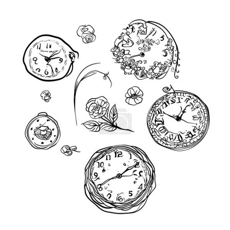Téléchargez les illustrations : Un ensemble d'horloge surréaliste avec des fleurs dessinées à la main. Tatouage de montre de poche. Croquis de l'horloge. - en licence libre de droit