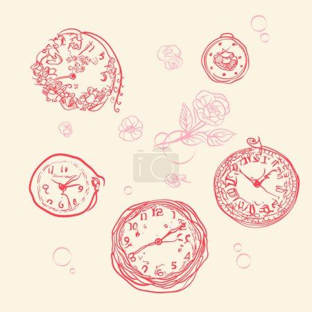 Téléchargez les illustrations : Ensemble d'horloge surréaliste avec des fleurs dessinées à la main dans des couleurs roses. Tatouage de montre de poche. Croquis de l'horloge. - en licence libre de droit