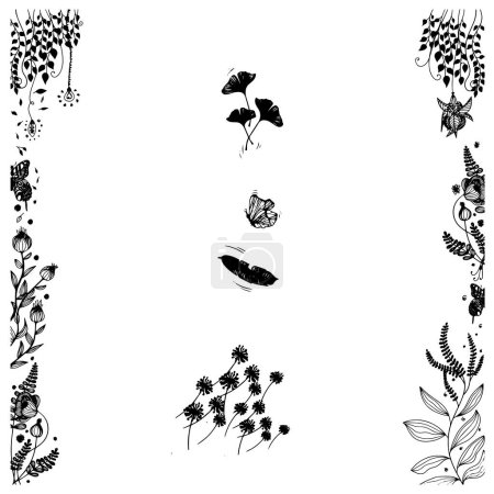 Illustration for Patterns of wild creepers, butterflies, dandelions. Ecoprint. Floral frame. Hand drawn. Doodle. Background with plants for social networks or print. - Royalty Free Image