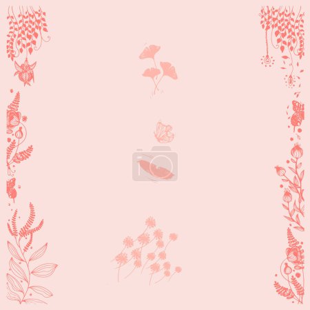 Illustration for Patterns of wild creepers, butterflies, dandelions. Ecoprint in pink colors. Floral frame. Hand drawn. Doodle. Background with plants for social networks or print. - Royalty Free Image