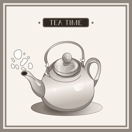Eine normale Teekanne, die mit einem flachen Deckel auf beigem Hintergrund kocht. Teezeit. Tea Time. Küchenutensilien. Utensilien. Teekanne.  