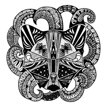 Animal head with ears and tentacles. Feline tattoo. Doodling cat. Vector raccoon. Geometric image.