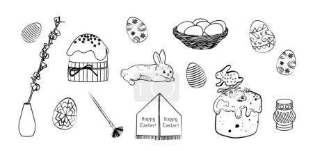 Easter celebration hand drawn set. Hand drawn doodle style sketch of spring religious holiday, background. Krashanky, pysanky, kulichi, rabbit, willow. Easter vector illustration.