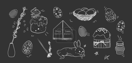 Illustration for Easter celebration hand drawn chalk set on black background. Hand drawn doodle style sketch of spring religious holiday, background. Krashanky, pysanky, kulichi, rabbit, willow. Easter vector illustration. - Royalty Free Image